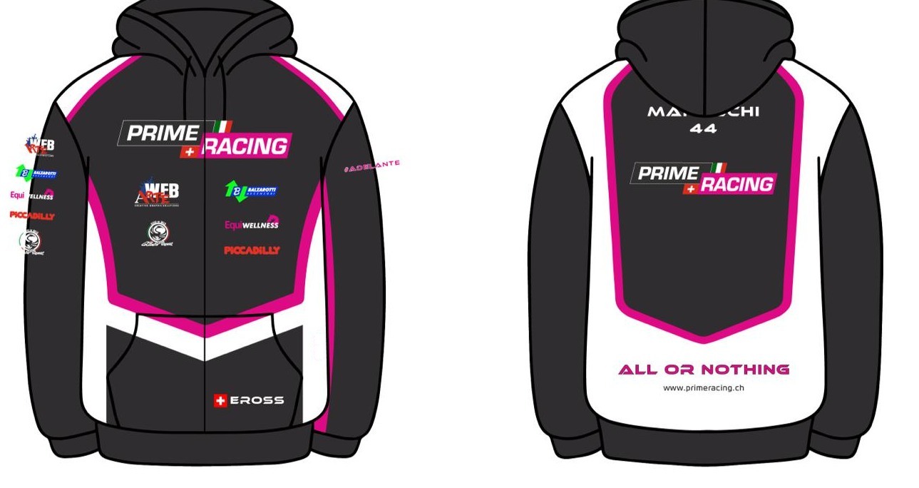 Felpa con zip ufficiale PRIME Racing personalizzata, fronte e retro con scritta CREW